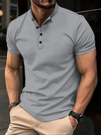 Verão americano vintage waffle malha henry colarinho camiseta moda masculina de manga curta solta casual topo camisa polo